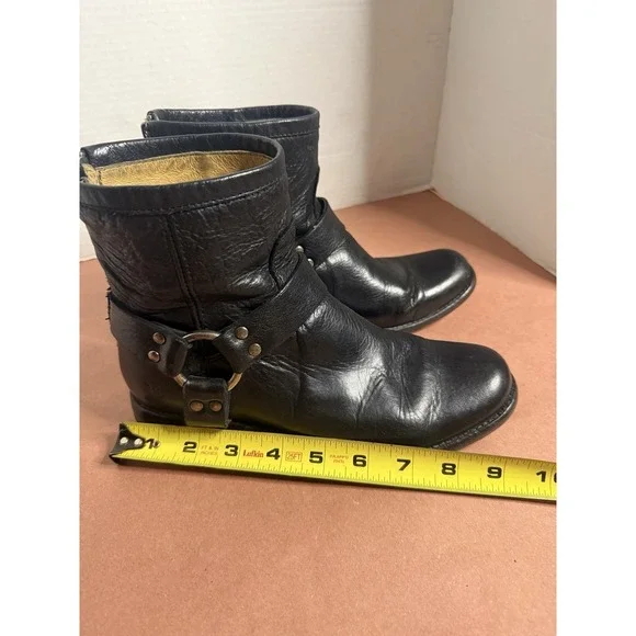 FRYE PHILLIP BLACK Leather Harness Back Zip Short Boots 6.5 Biker Boho Chic moto - Picture 14 of 16